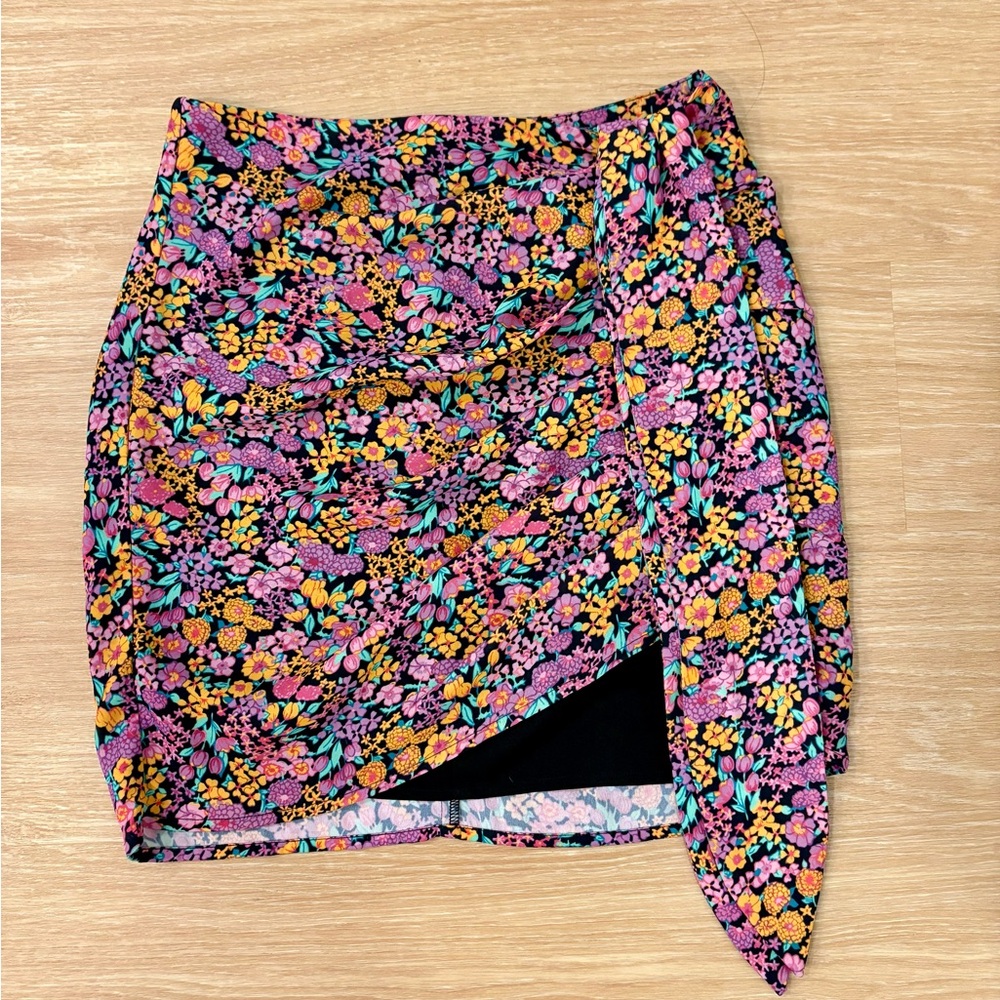 For Love & Lemons Floral Ruched Asymmetrical Wrap Mini Skirt Black Pink Draped
